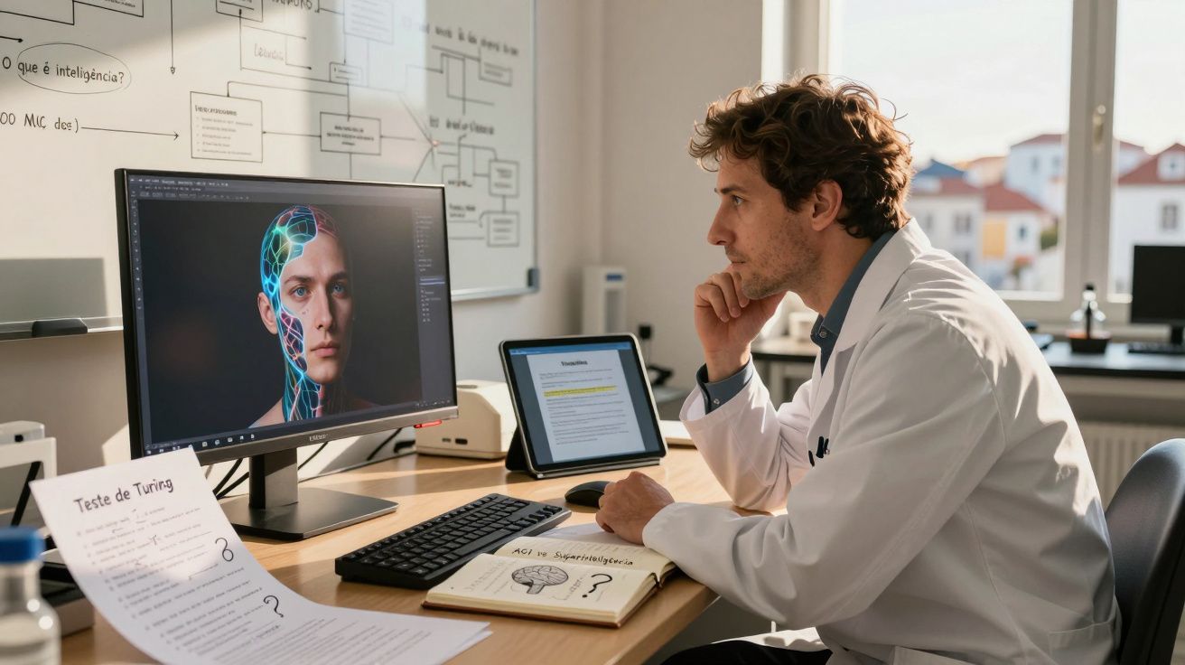 Homem em bata branca a analisar rosto humano com rede neural num ecrã de computador num escritório.