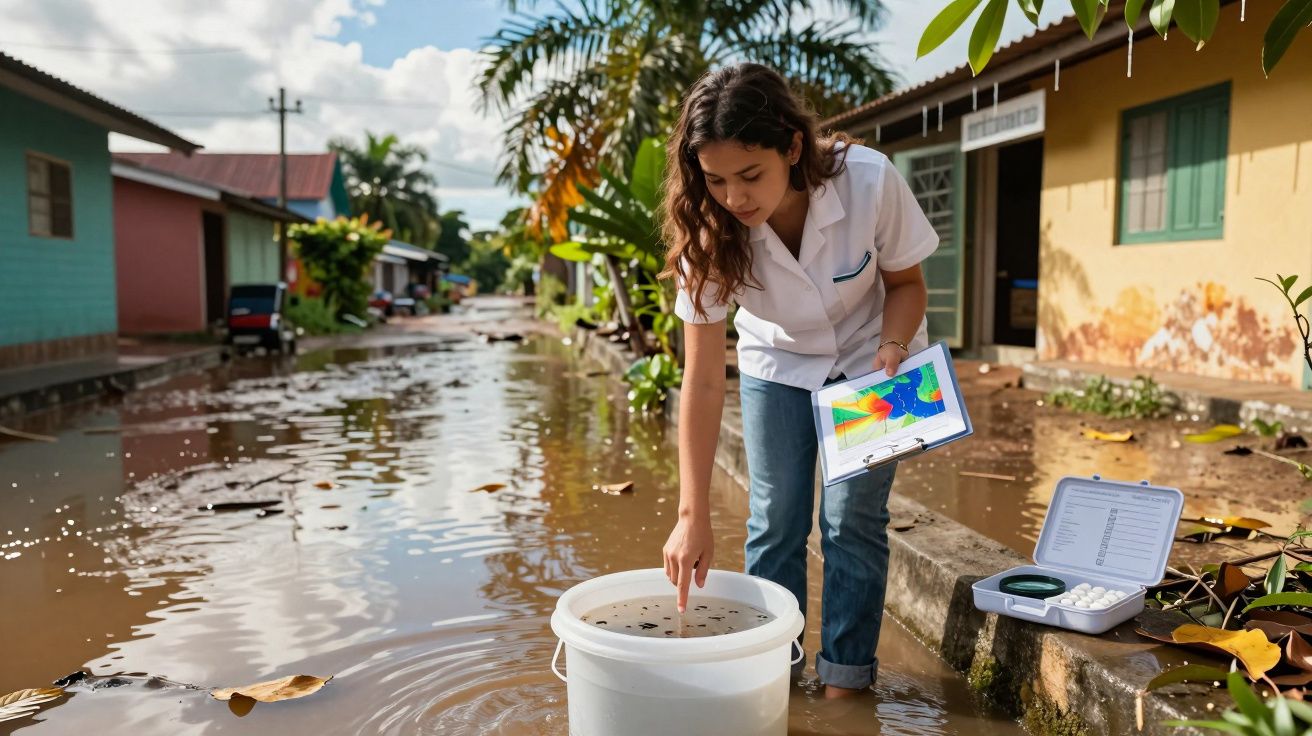 Mulher analisa água estagnada em ruas inundadas para controlo de mosquitos transmissores de doenças.