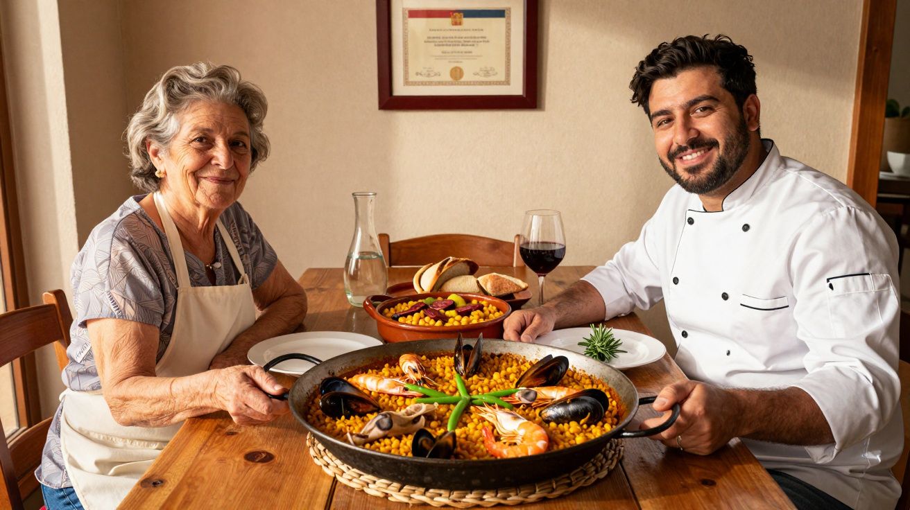 Idosa e chef jovem sentados à mesa com uma paelha grande cheia de marisco e legumes.