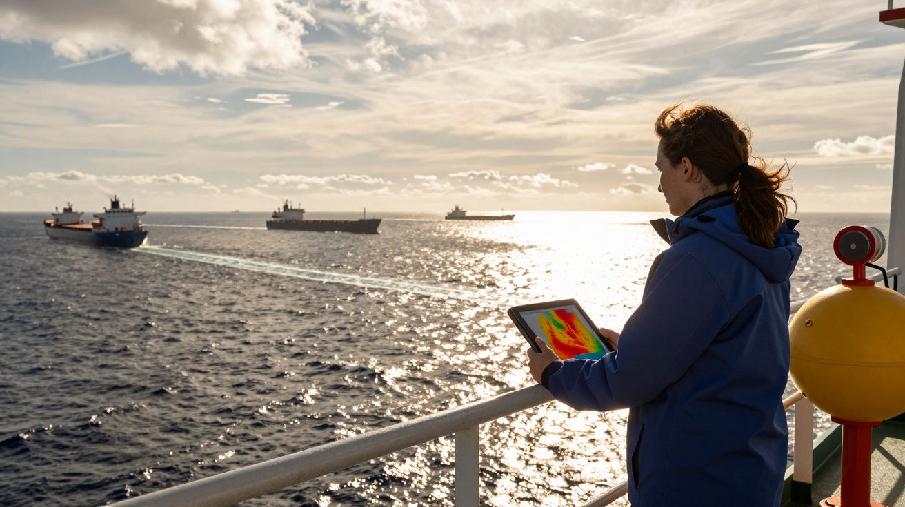 Mulher com casaco azul a observar o mar e navios enquanto segura um tablet num navio ao pôr do sol.