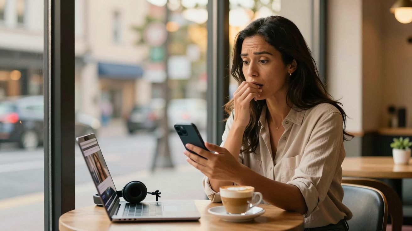 Mulher preocupada vê o telemóvel numa cafeteria com computador e café na mesa.