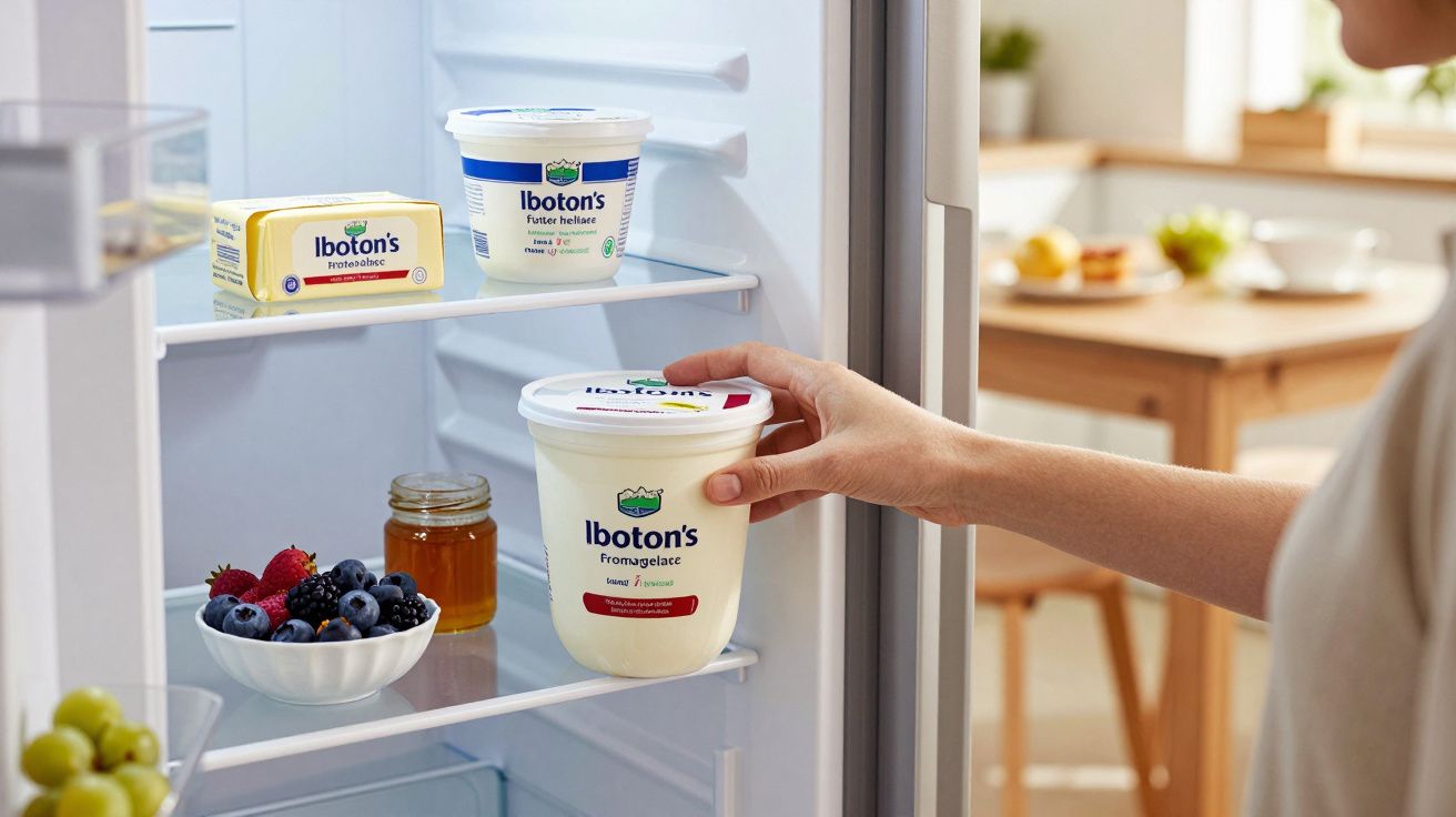 Mão a colocar recipiente de Iboton's num frigorífico com iogurtes, manteiga, frutos vermelhos e mel.