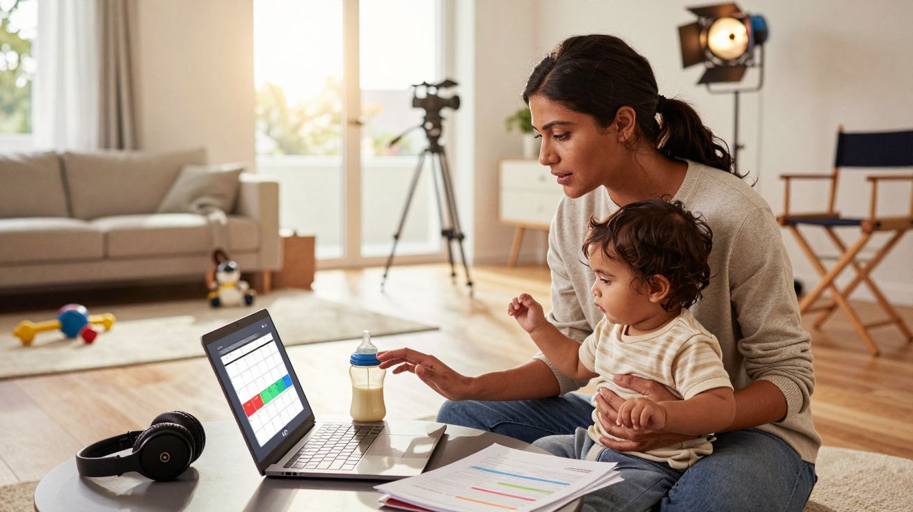 Mulher com criança no colo usa computador portátil numa sala de estar com brinquedos e documentos na mesa.