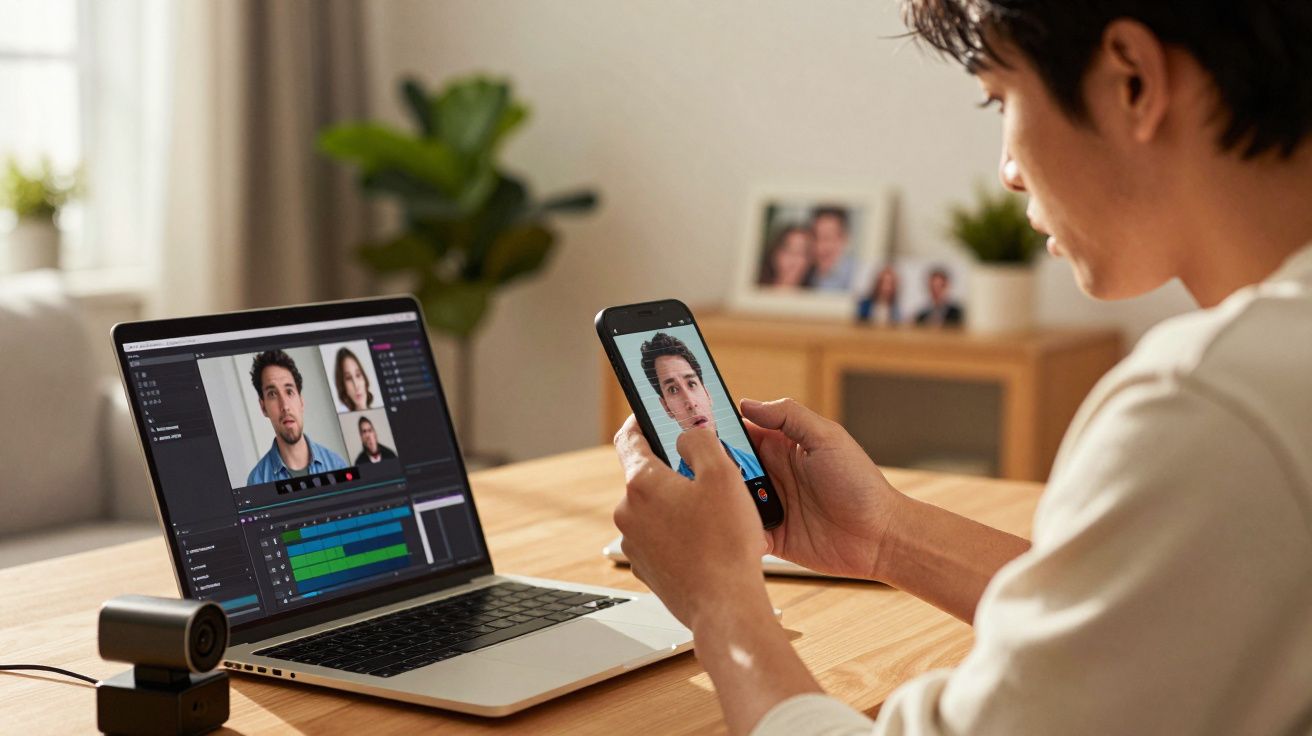 Homem a fazer chamada de vídeo num smartphone enquanto trabalha num projeto de vídeo no computador portátil.