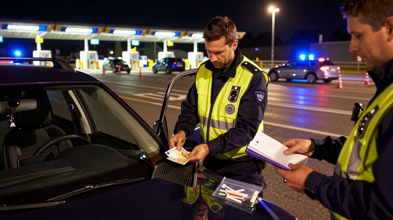 Agentes policiais em controlo noturno a receber dinheiro de condutor junto a posto de combustível.