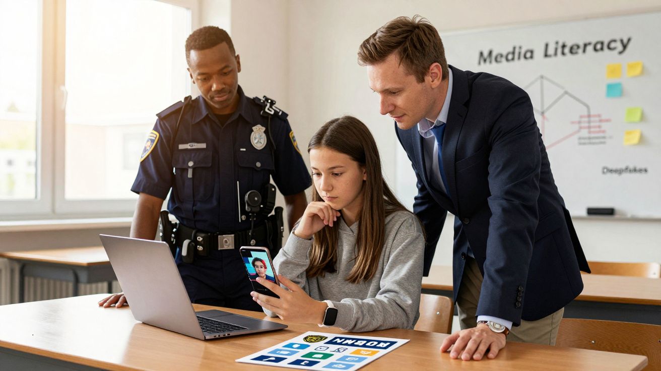 Polícia e professor ajudam aluna a analisar dados sobre alfabetização mediática numa sala de aula.