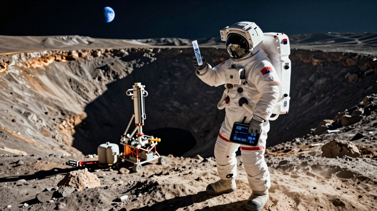 Astronauta em fato espacial na superfície lunar segurando tubo de ensaio com Terra visível no céu escuro.