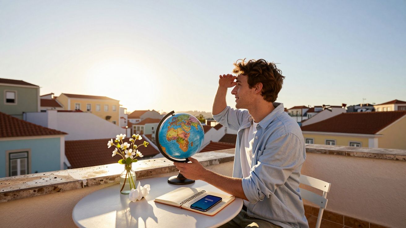 Homem sentado numa varanda ao pôr do sol, segurando um globo terrestre num braço e olhando ao longe.