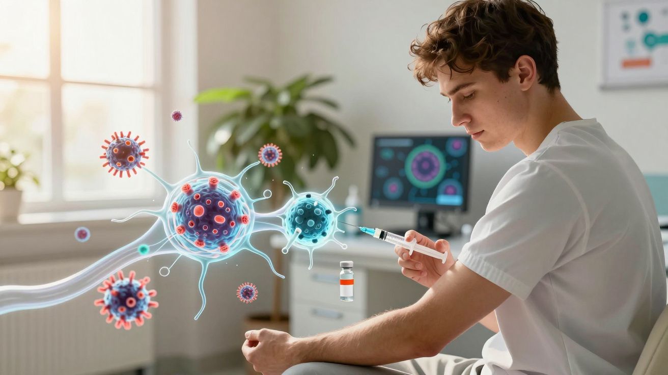 Jovem a aplicar vacina numa ilustração digital de vírus em consultório médico iluminado.