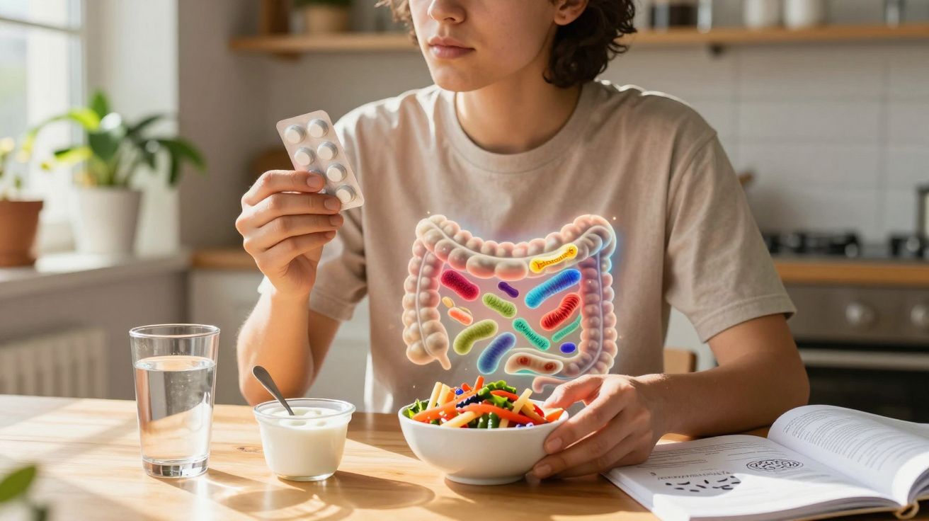 Pessoa com comprimidos, batata, iogurte e imagem ilustrativa do intestino com bactérias coloridas.