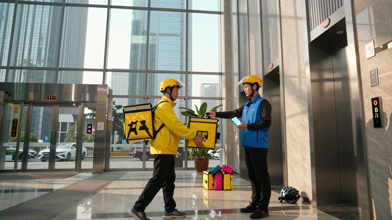 Dois entregadores de comida com capacetes e mochilas interagem dentro de um edifício moderno.