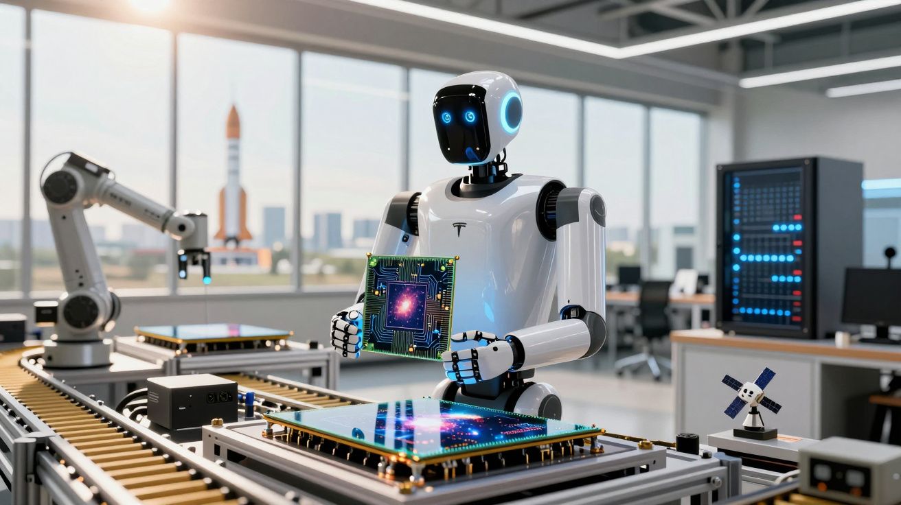 Robô branco a segurar um circuito impresso numa linha de montagem tecnológica numa fábrica moderna.
