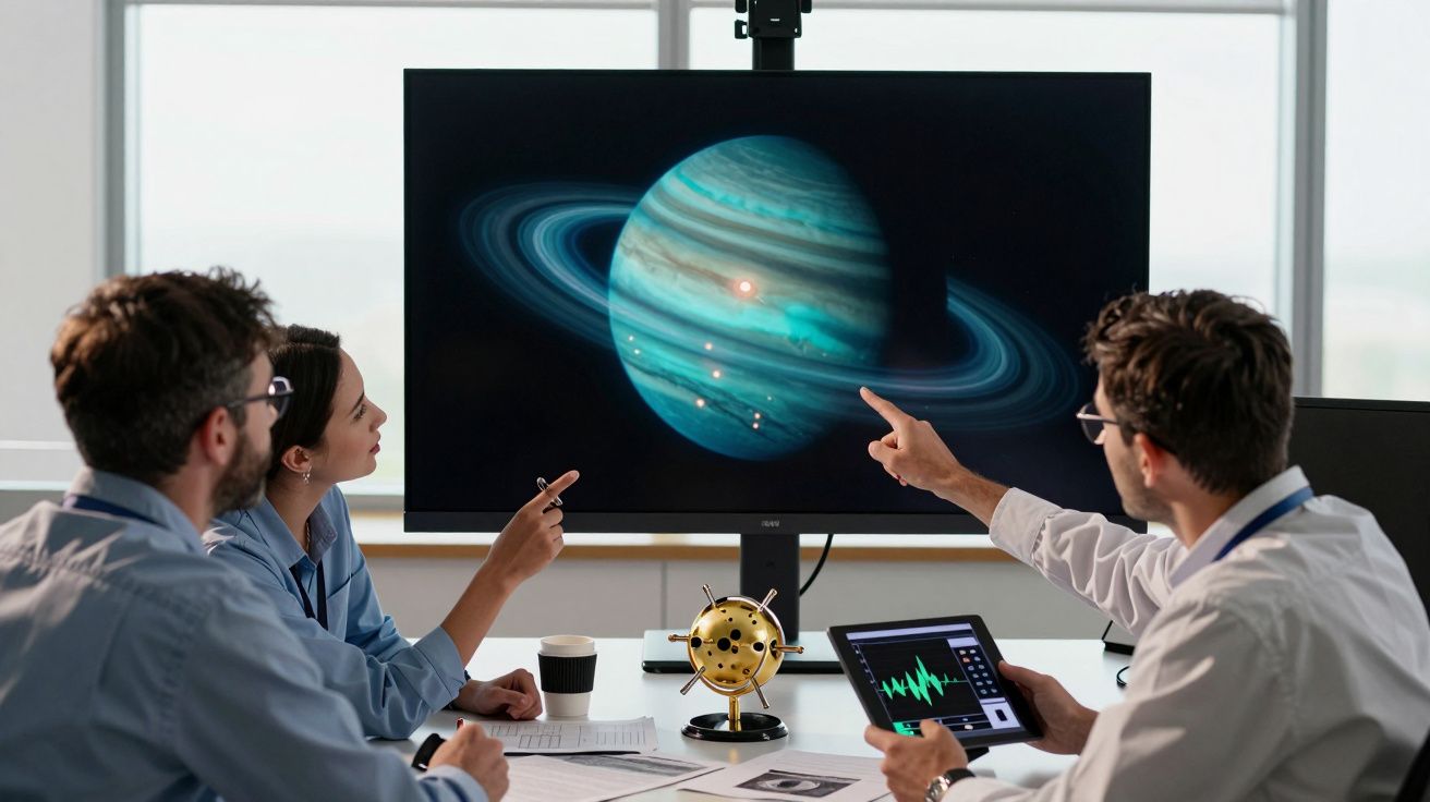 Três cientistas analisam imagem de planeta com anéis num ecrã durante reunião em escritório moderno.