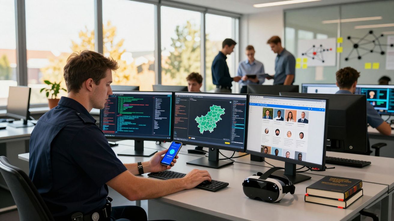 Homem a trabalhar em escritório com três ecrãs, telemóvel e colegas ao fundo numa sala moderna e iluminada.