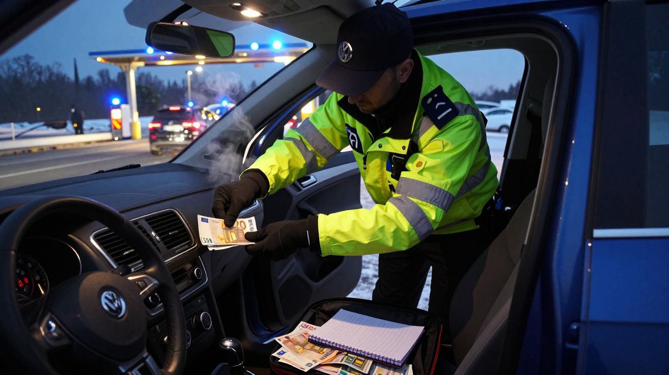 Polícia numa viatura a inspecionar dinheiro durante uma operação na estrada ao anoitecer.