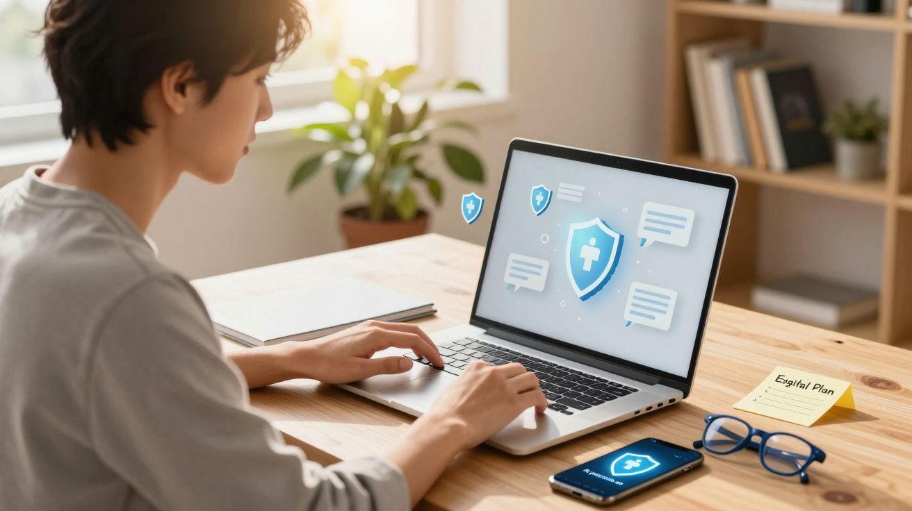 Pessoa a usar computador portátil com ícones de segurança cibernética no ecrã numa mesa com smartphone e óculos.