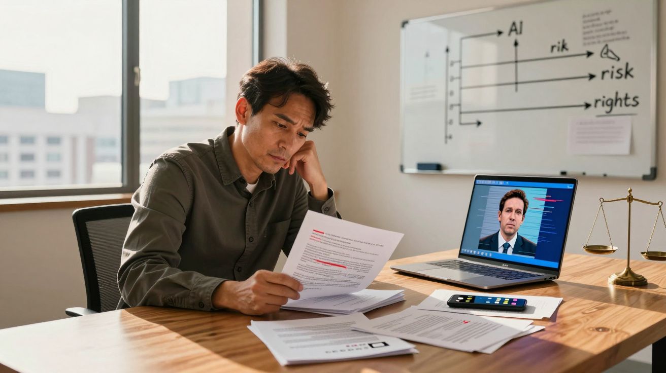 Homem sentado numa mesa a analisar documentos com laptop e balança da justiça à sua frente.
