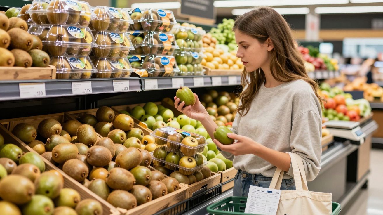 Mulher jovem a escolher kiwis frescos na seção de frutas de um supermercado moderno.