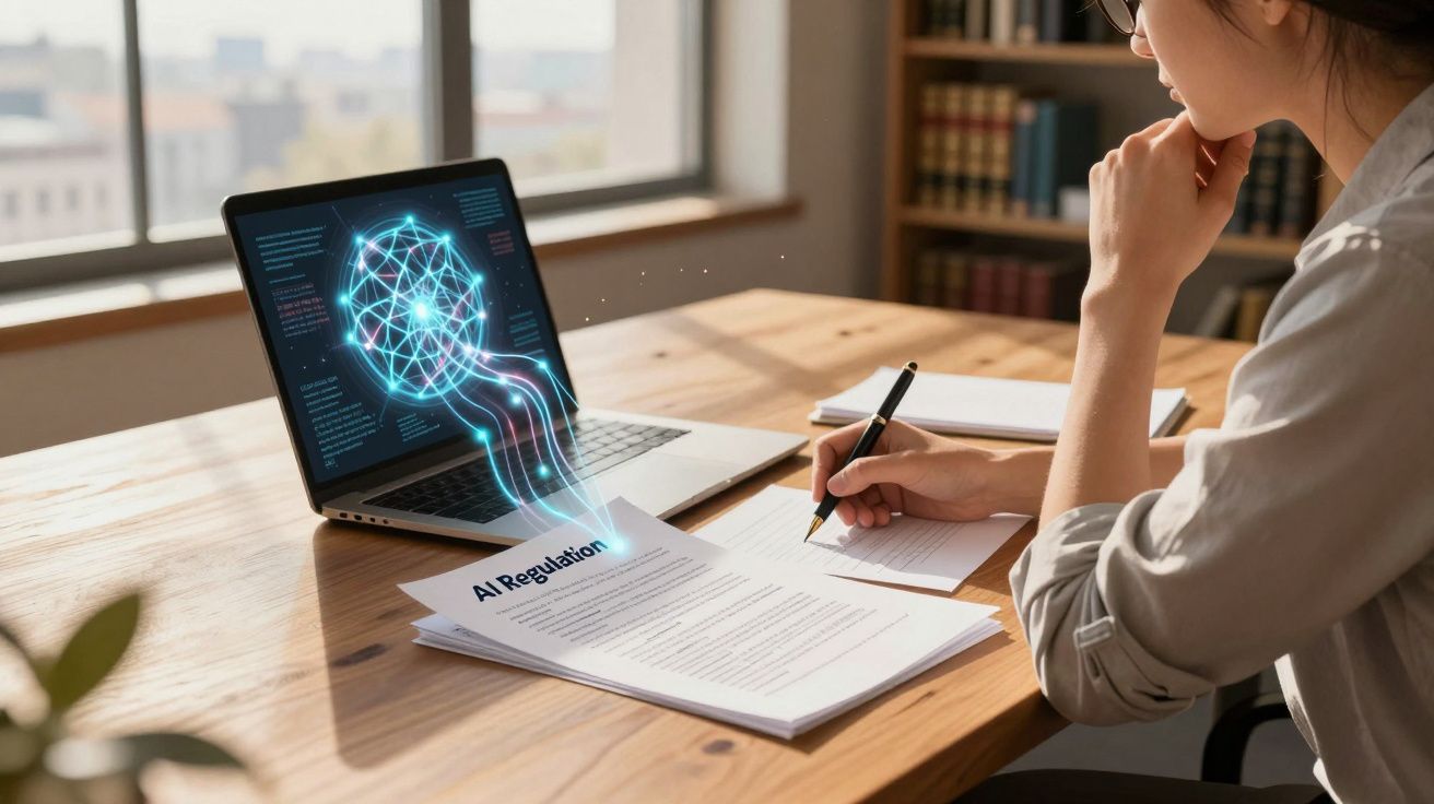 Pessoa a escrever e a analisar documentos sobre regulamentação de IA com gráfico digital num portátil.