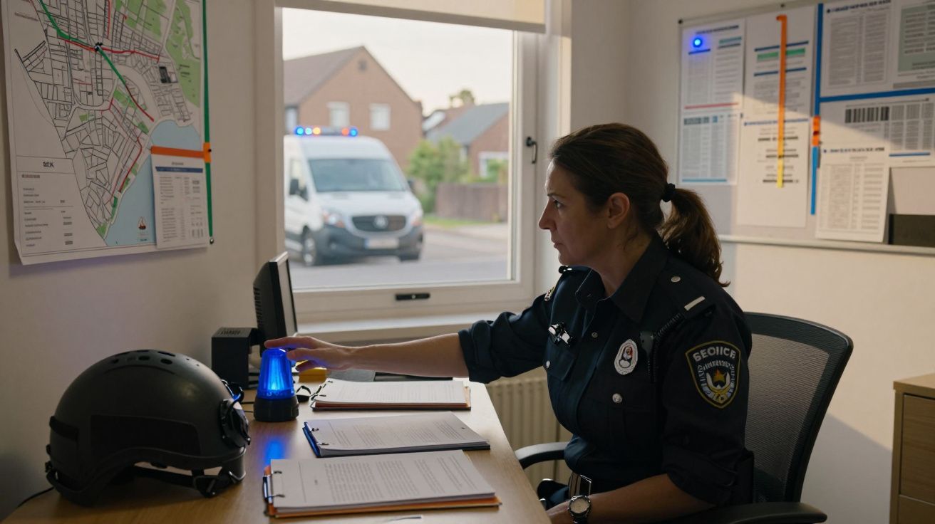 Polícia feminina na sala de operações acende luz azul com ambulância visível pela janela.