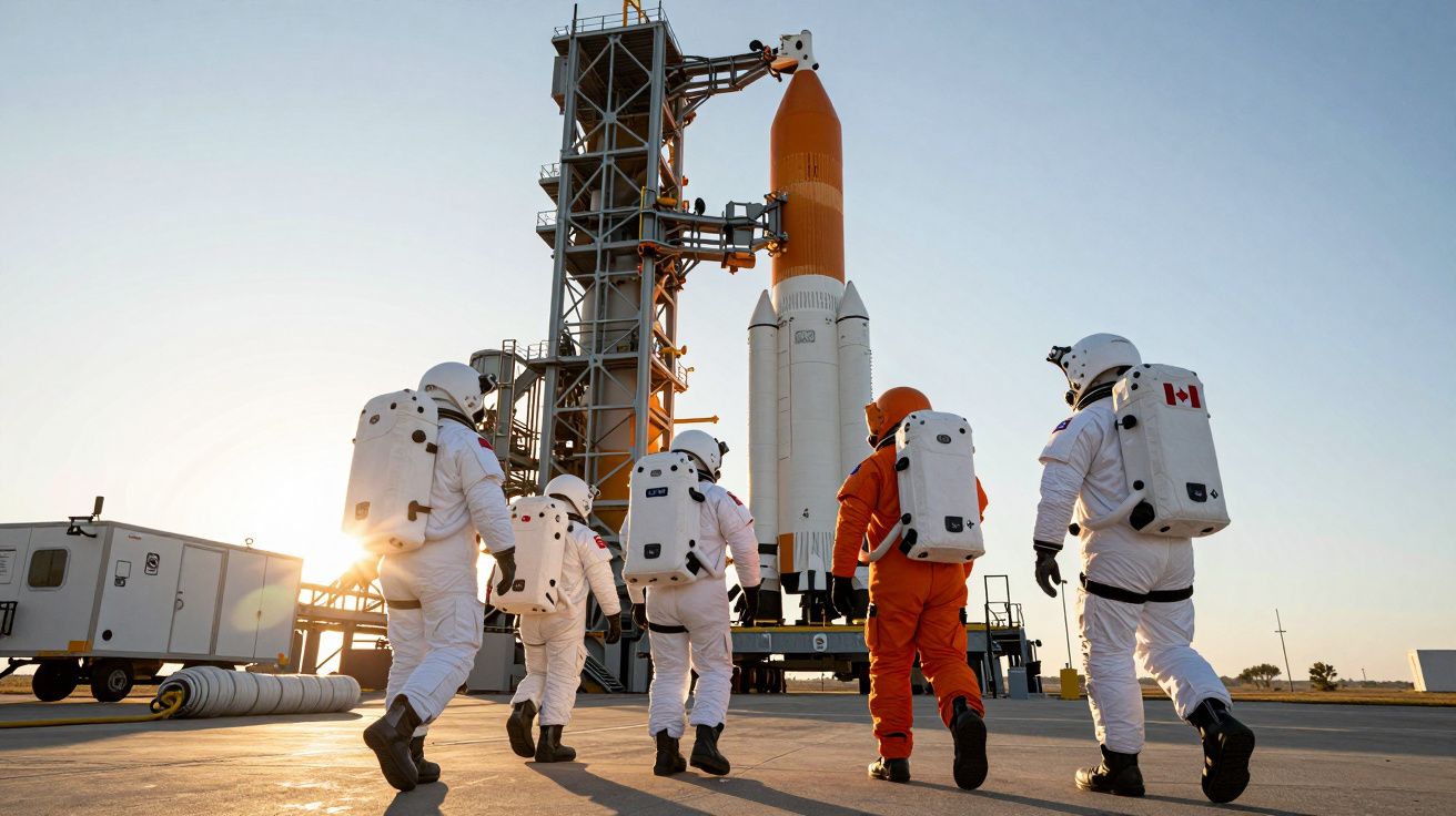 Cinco astronautas caminham em direção a um foguetão em plataforma de lançamento ao pôr do sol.
