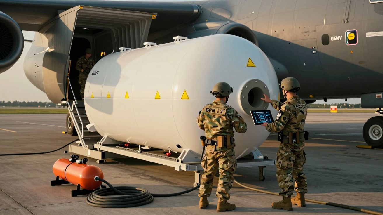 Dois militares em uniforme camuflado operam equipamento perto de tanque branco junto a avião militar no aeroporto.