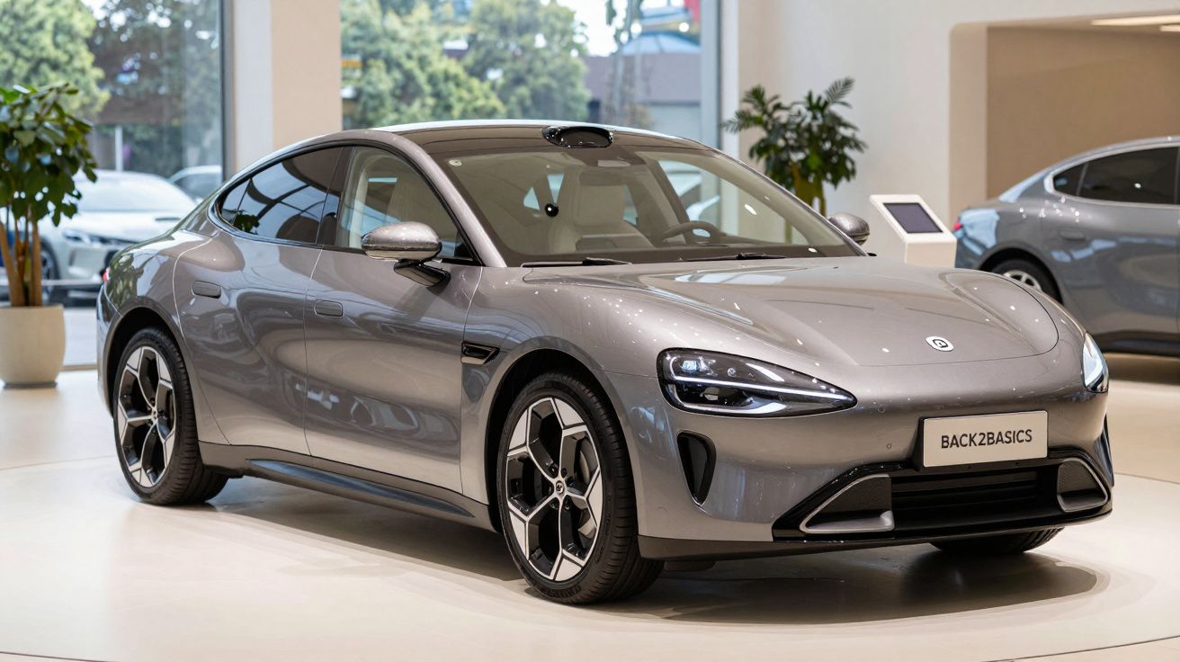 Carro elétrico cinza moderno estacionado em exposição interior com plantas e janelas ao fundo.