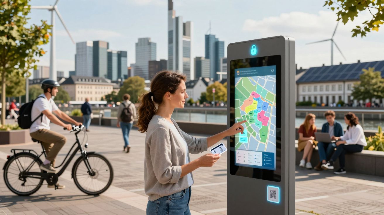 Mulher consulta mapa interativo num quiosque digital numa zona urbana com ciclista e pessoas sentadas ao fundo.