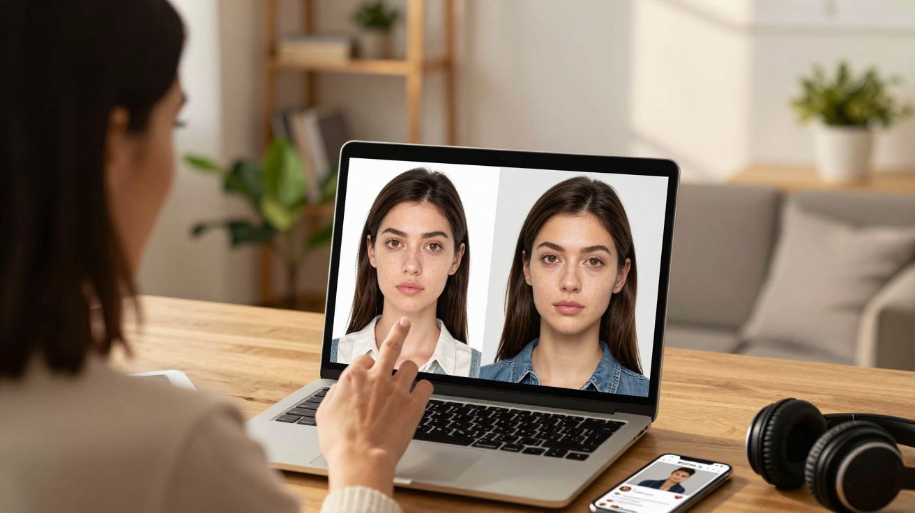 Pessoa analisa transformação facial em fotografia no ecrã de portátil numa mesa com auscultadores e telemóvel.
