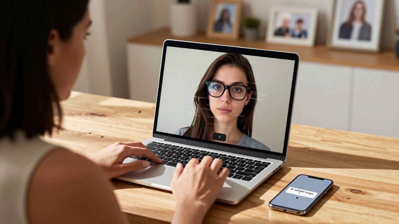 Mulher usa computador para videoconferência, rosto reconhecido por software, telefone ao lado numa mesa de madeira.