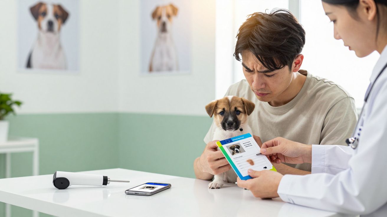 Veterinária a mostrar cartão de vacinação a dono segurando cachorrinho numa clínica.