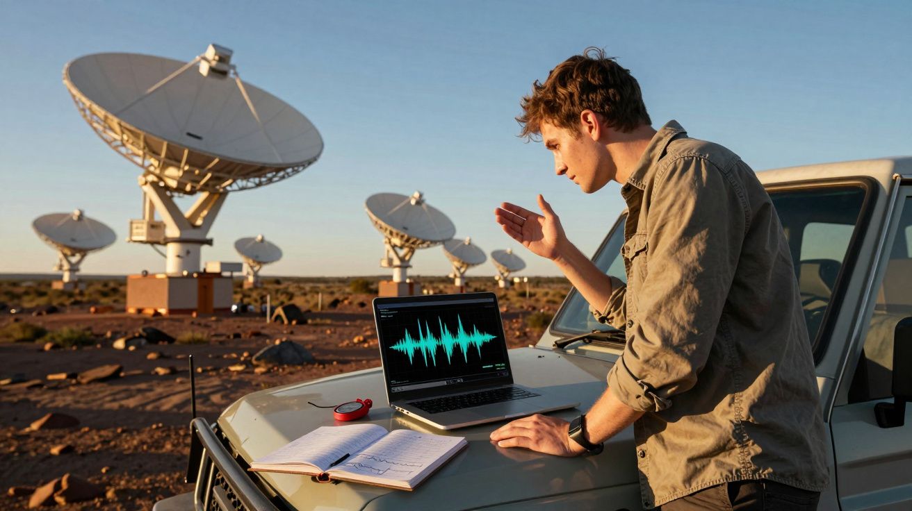 Homem jovem analisa dados de ondas sonoras num portátil junto a antenas parabólicas no deserto ao pôr do sol.