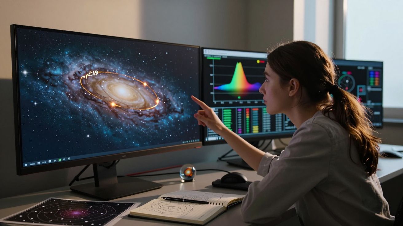 Mulher a apontar para uma galáxia num ecrã, com gráficos e tabelas noutros dois ecrãs.