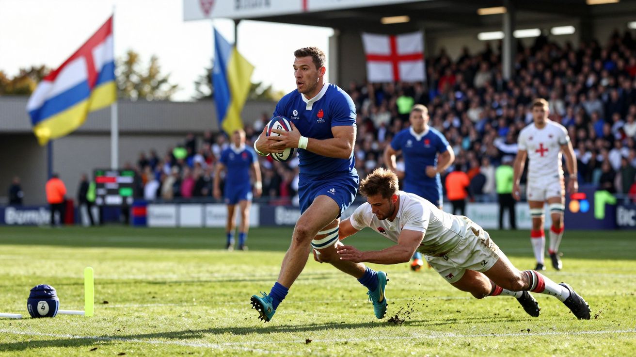 Jogador de râguebi em azul a escapar-se de adversário em branco durante um jogo com público presente.