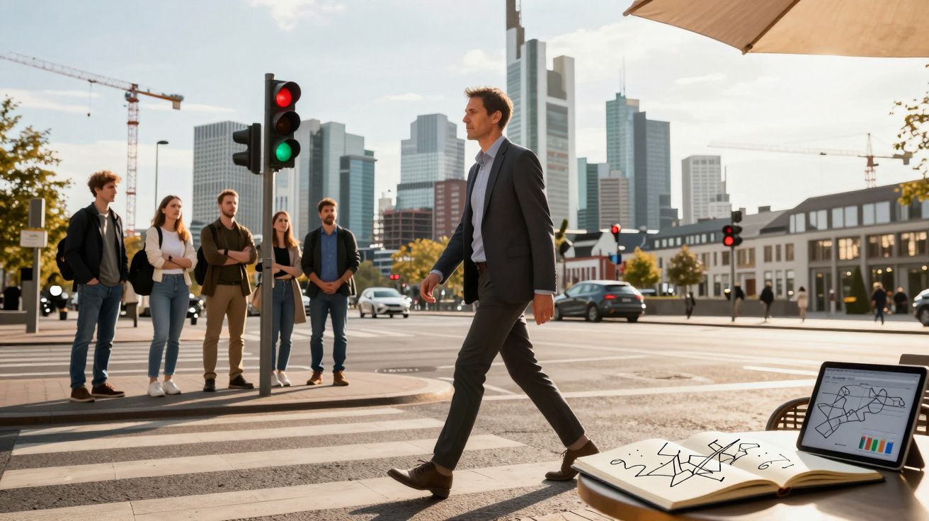 Homem de fato a atravessar passadeira em cidade, com grupo de pessoas à espera e laptop numa mesa.