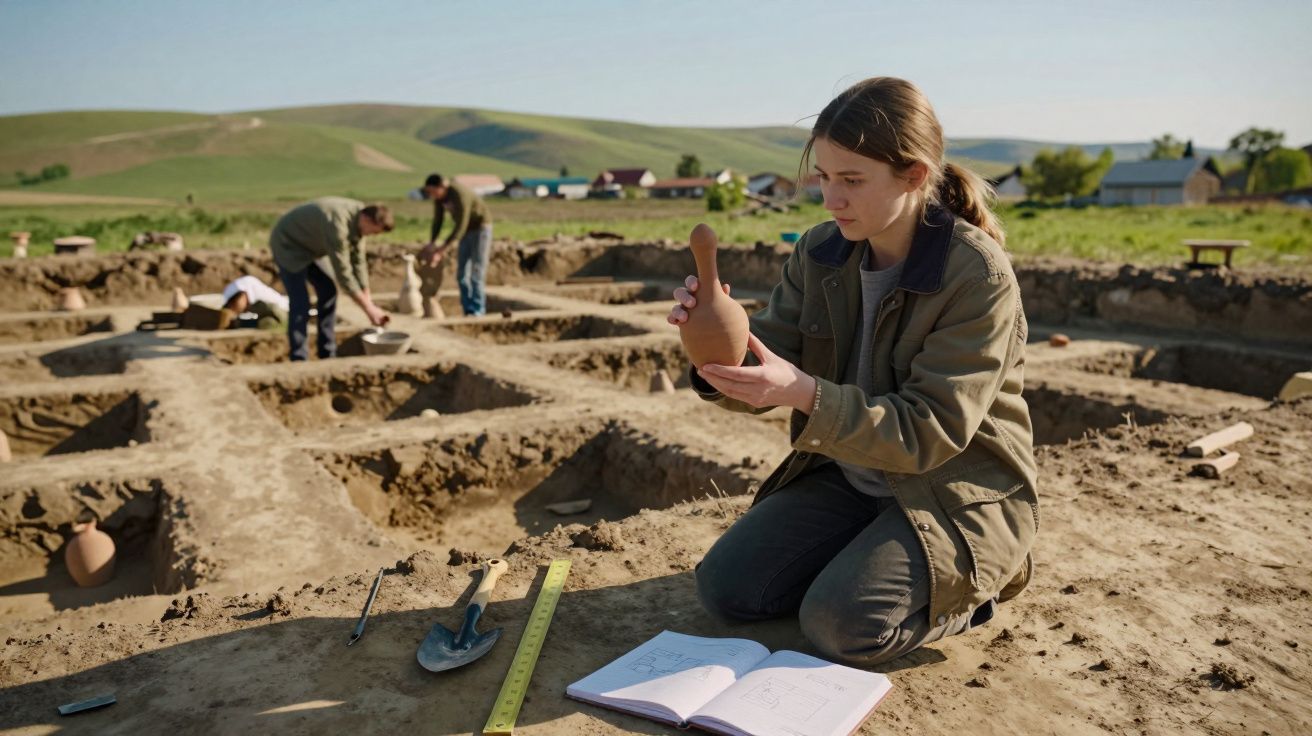 Arqueóloga a examinar vaso de cerâmica numa escavação arqueológica ao ar livre.