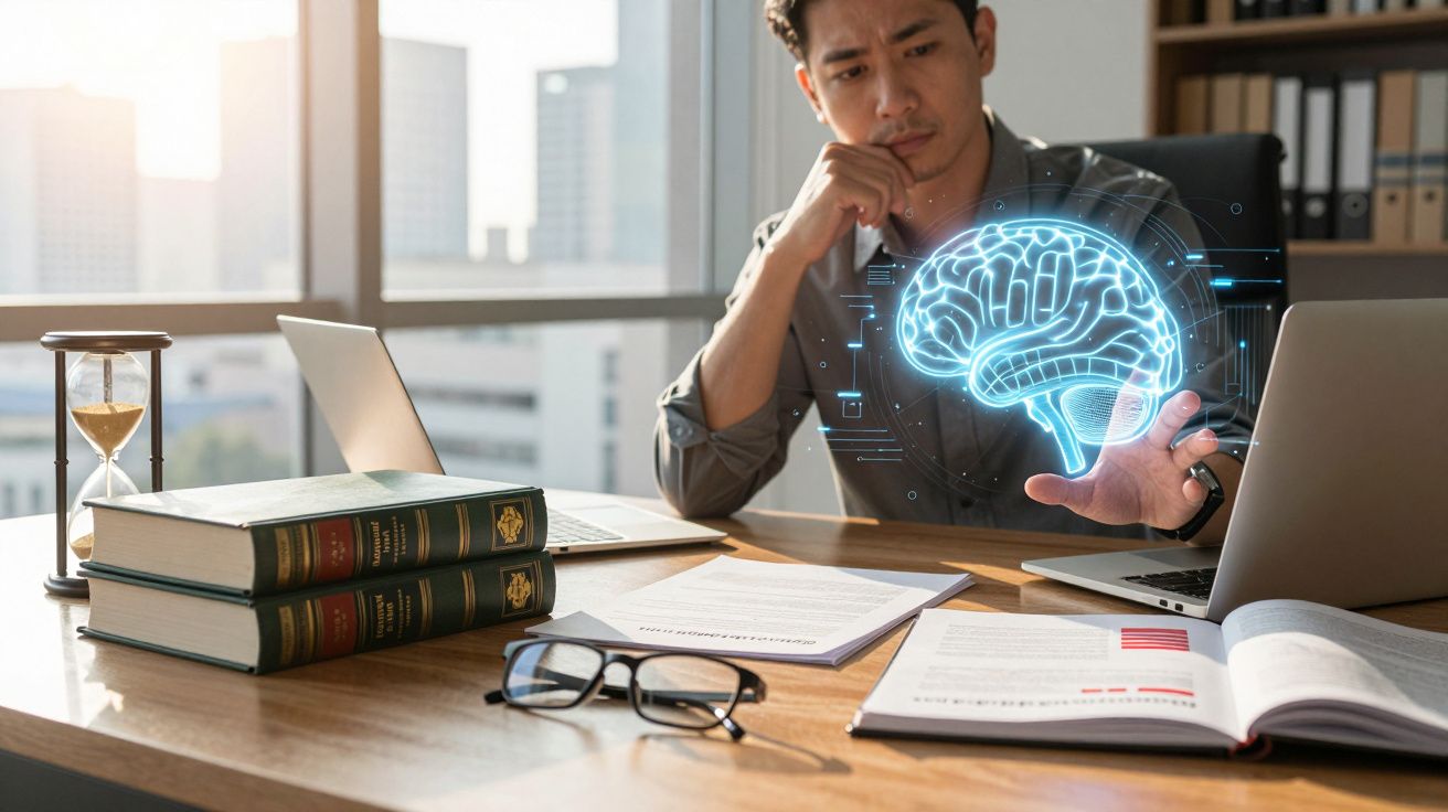 Homem a pensar com holograma de cérebro digital acima da mão, rodeado por livros e documentos num escritório.