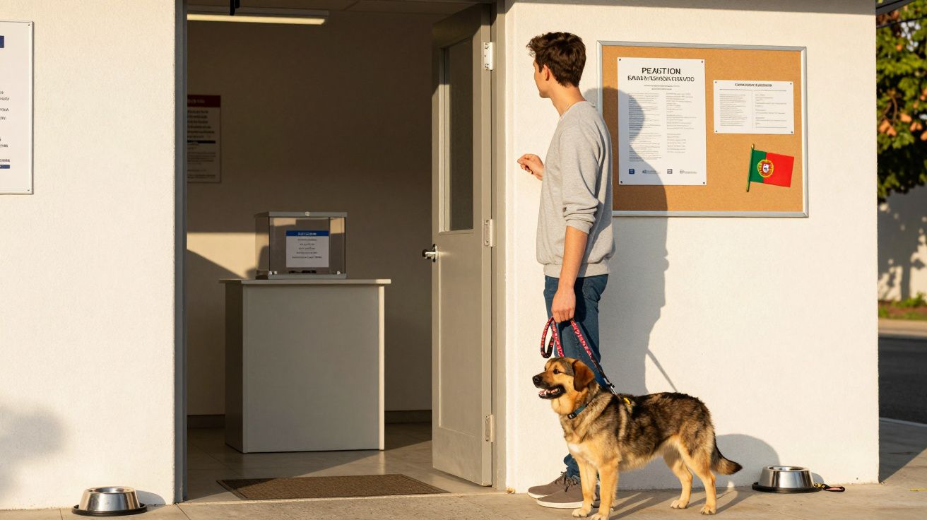 Homem com cão a entrar numa clínica veterinária com bebedouros no exterior.