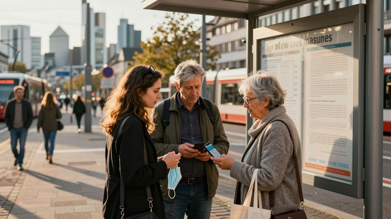 Três pessoas consultam telemóveis numa paragem de transporte público ao pôr do sol numa cidade.