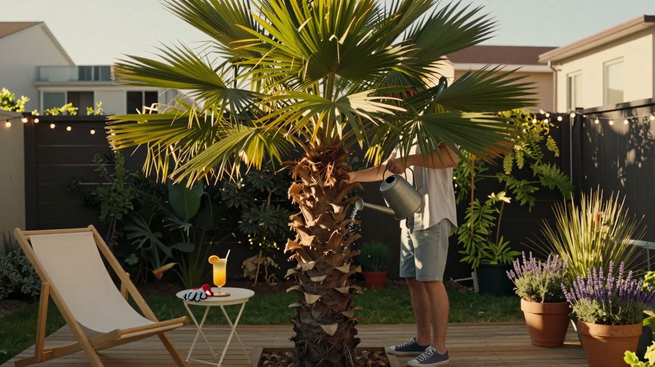 Homem a regar palmeira num jardim com cadeira de descanso e plantas em vasos ao entardecer.