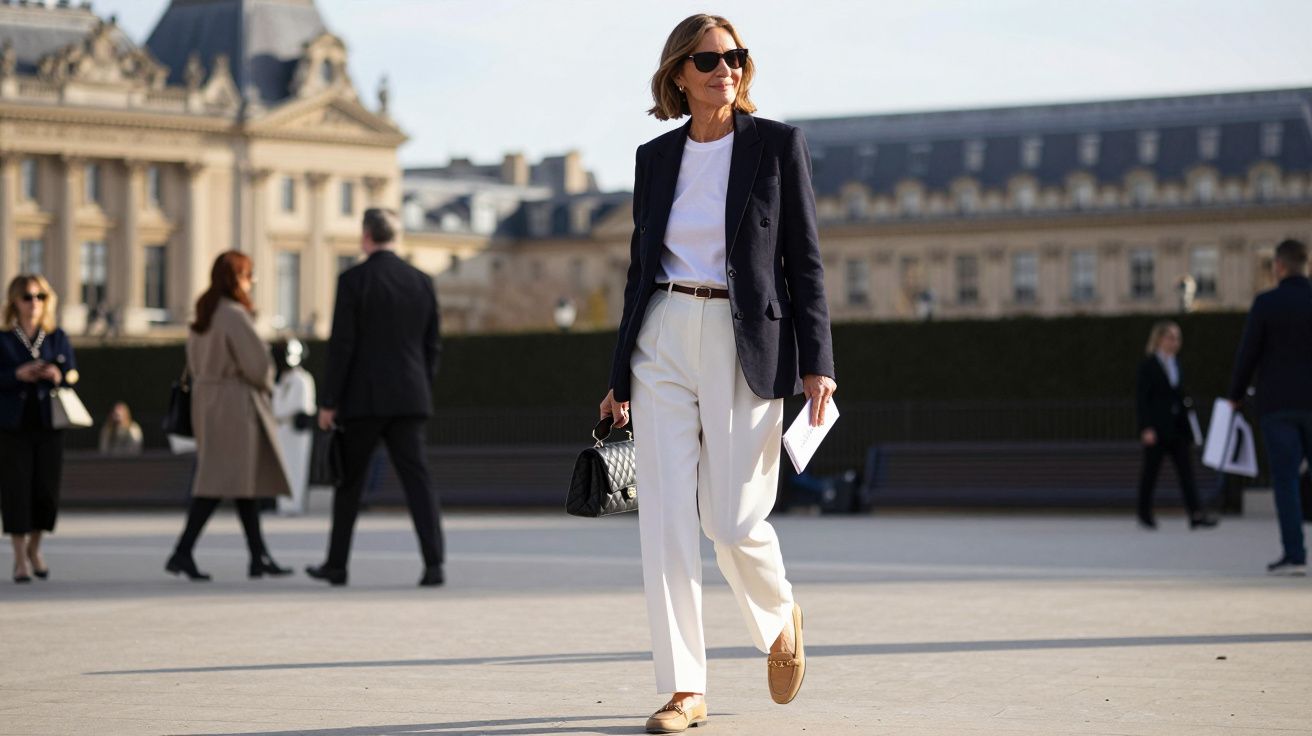 Mulher elegante de casaco escuro e calças brancas a caminhar ao ar livre com edifícios históricos ao fundo.
