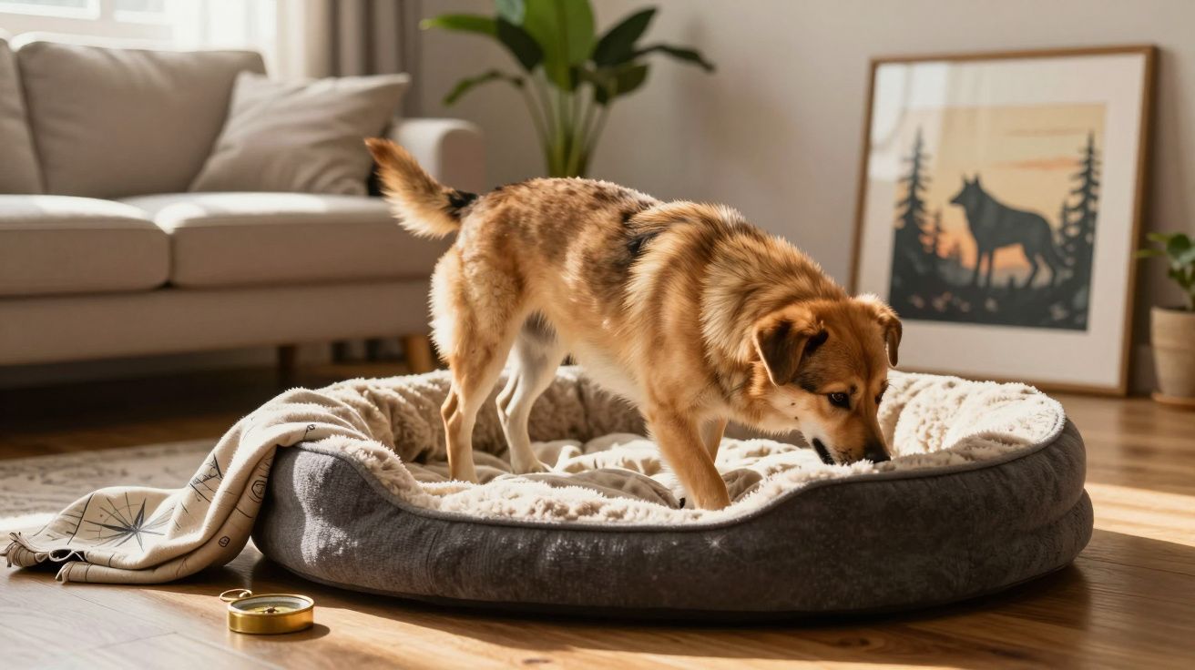 Cão castanho a farejar cama confortável na sala com sofá, planta e quadro ao fundo.
