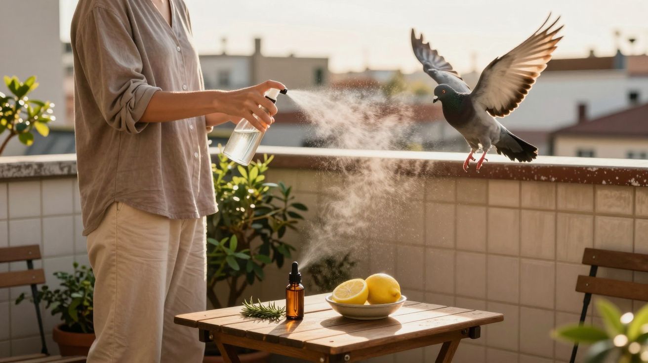 Pessoa borrifa líquido num pombo que voa junto a mesa exterior com limões e plantas.
