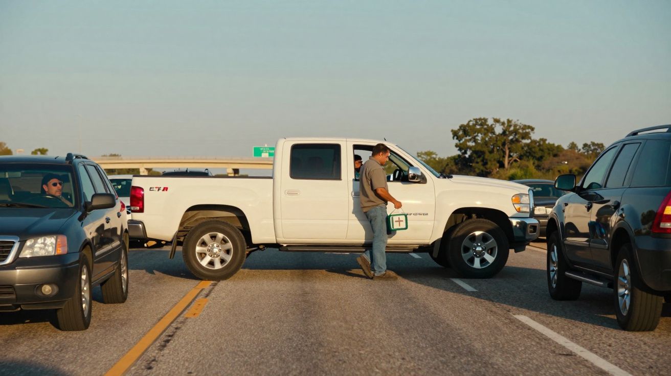 Homem atravessa estrada entre carros parados em dia claro, segurando caixa de primeiros socorros.