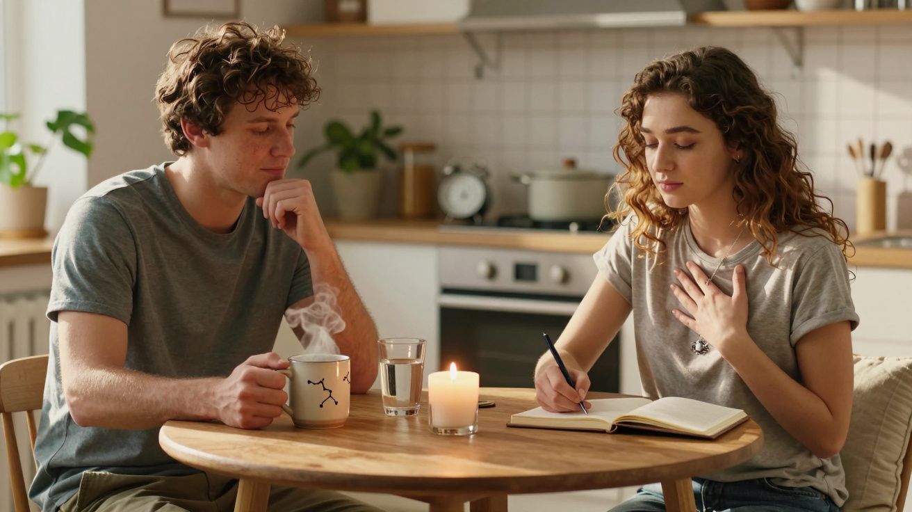 Casal sentado à mesa numa cozinha, ela escreve num caderno enquanto ele segura uma caneca fumegante.