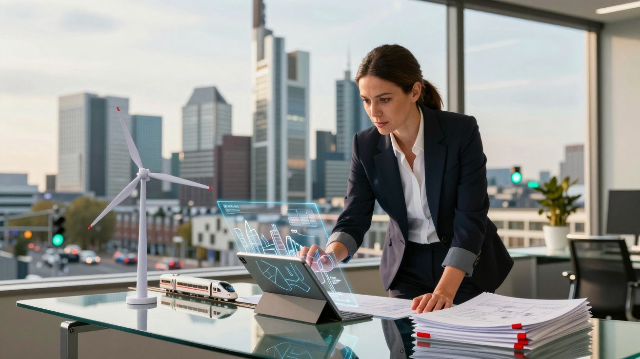 Mulher de negócios analisa holograma de cidade sustentável junto a modelos de turbina e comboio num escritório moderno.