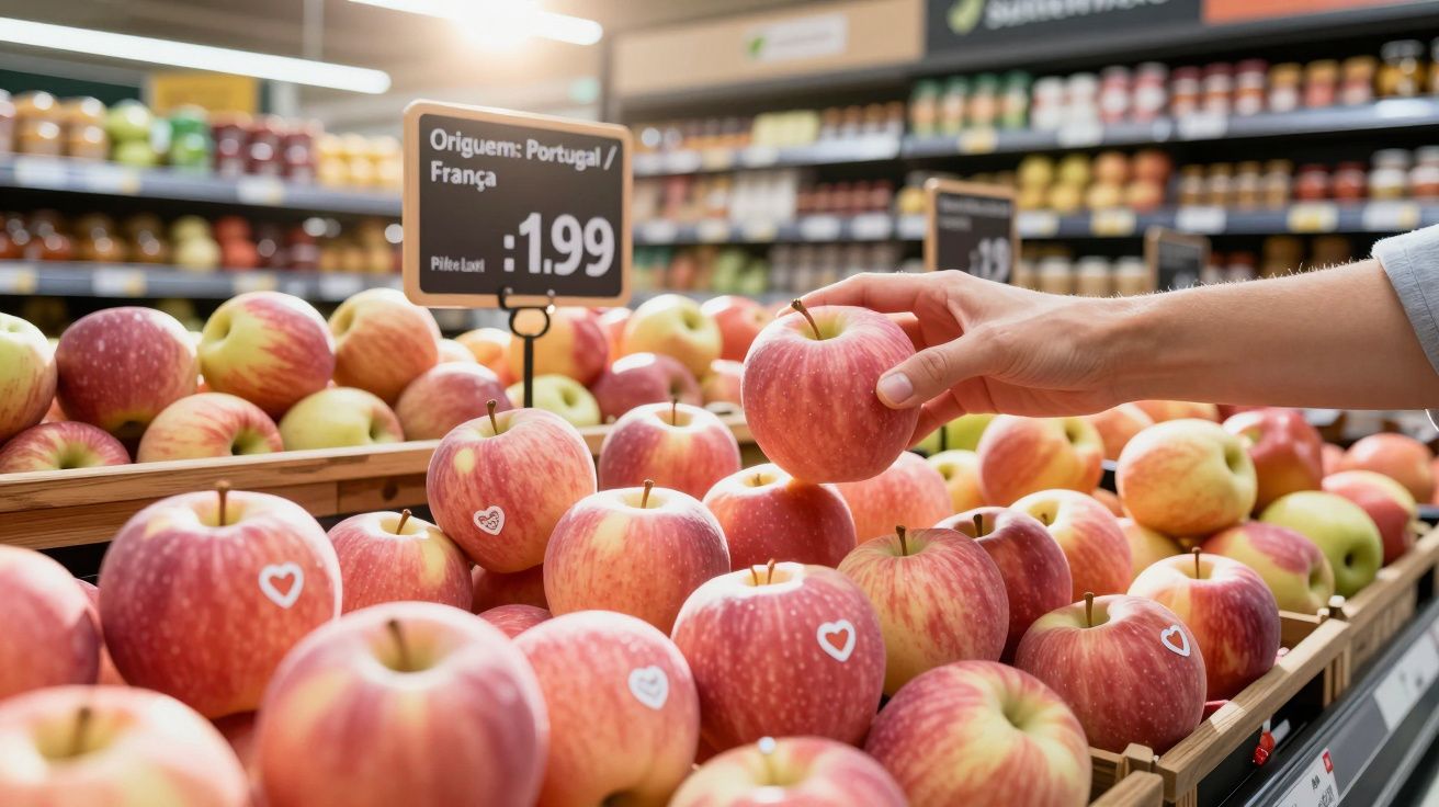 Mão a segurar maçã vermelha numa banca de frutas num supermercado com preço e origem Portugal/França.
