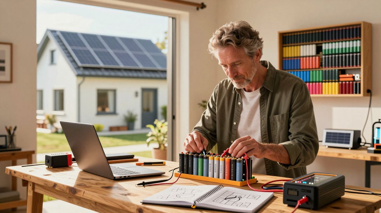 Homem a trabalhar em bateria de células com computador e painéis solares visíveis através da porta aberta.