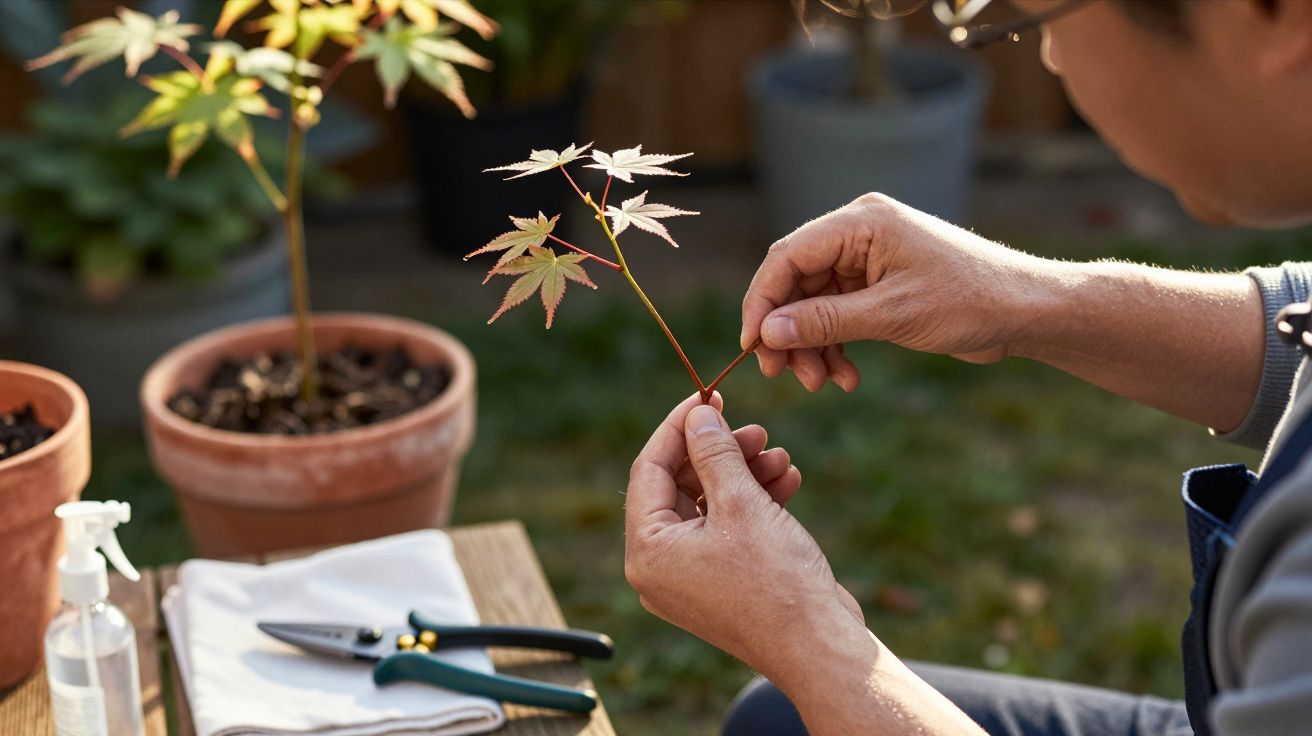 Pessoa a segurar um ramo com folhas de bordo, com vasos e ferramentas de jardinagem numa mesa ao lado.