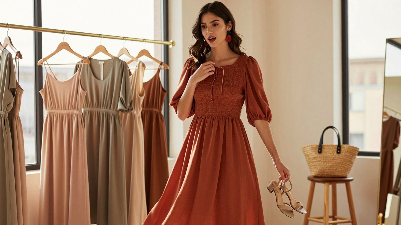 Mulher em vestido de manga comprida castanho-avermelhado em loja de vestidos com várias peças penduradas.